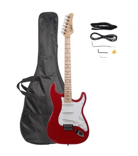 Glarry GST Maple Fingerboard Electric Guitar Bag Shoulder Strap Pick Whammy Bar Cord Wrench Tool Red