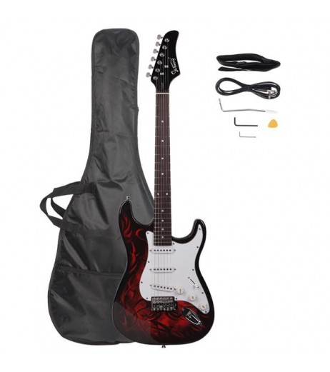 Glarry GST-E Electric Guitar Bag Shoulder Strap Pick Whammy Bar Cord Wrench Tool Red